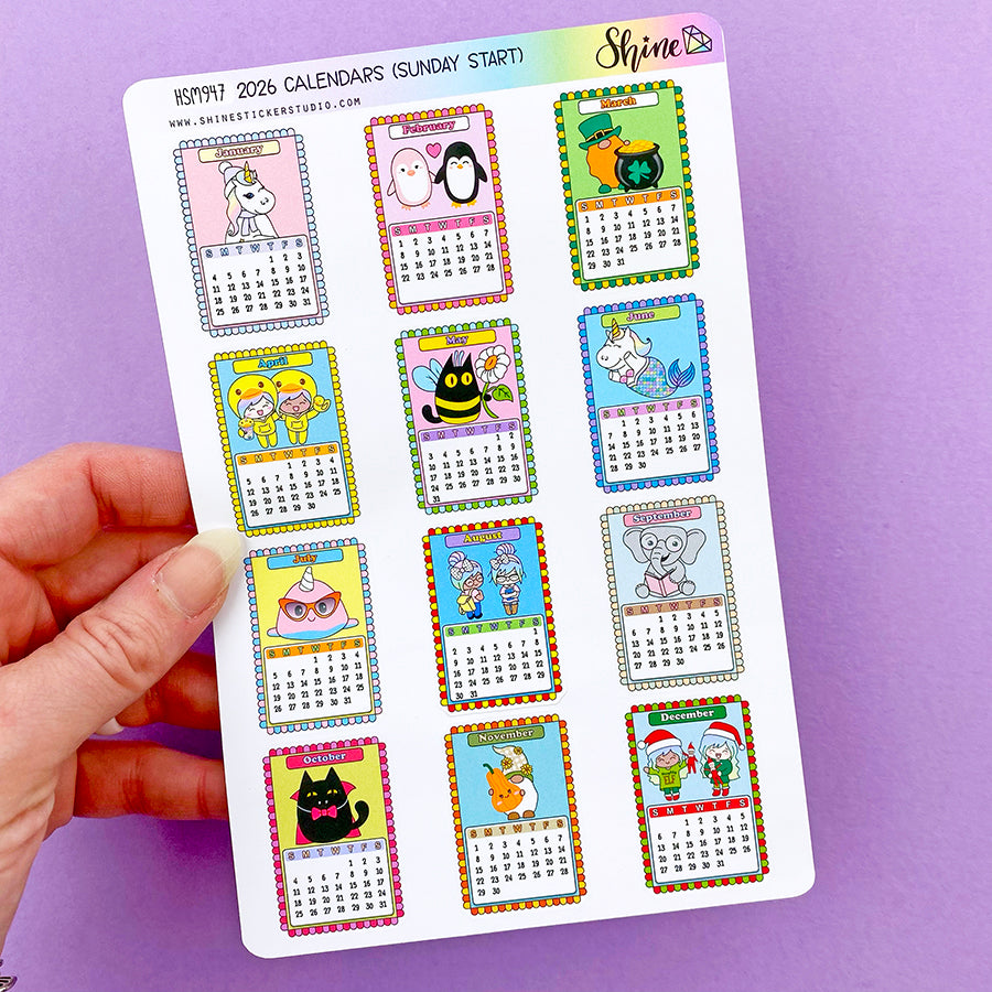 2026 Planner Calendar Stickers Sunday Start or Monday Start Shine