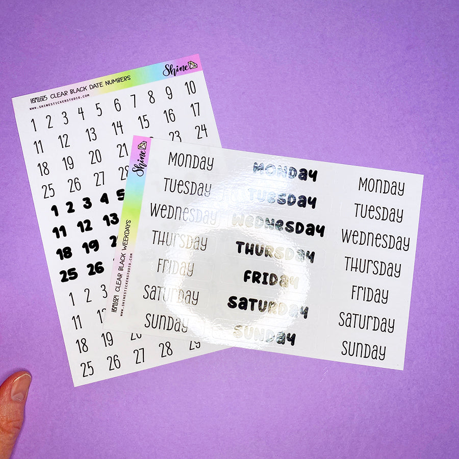 Clear Black Weekdays and Date Number Planner Stickers – Shine Sticker ...