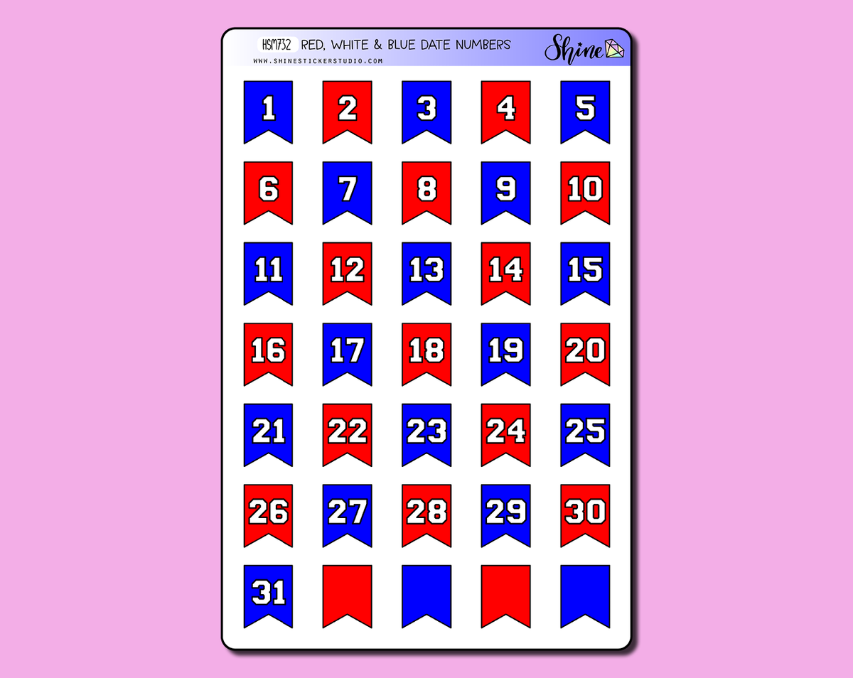 Large Red White & Blue Date Numbers Planner Stickers – Shine Sticker Studio