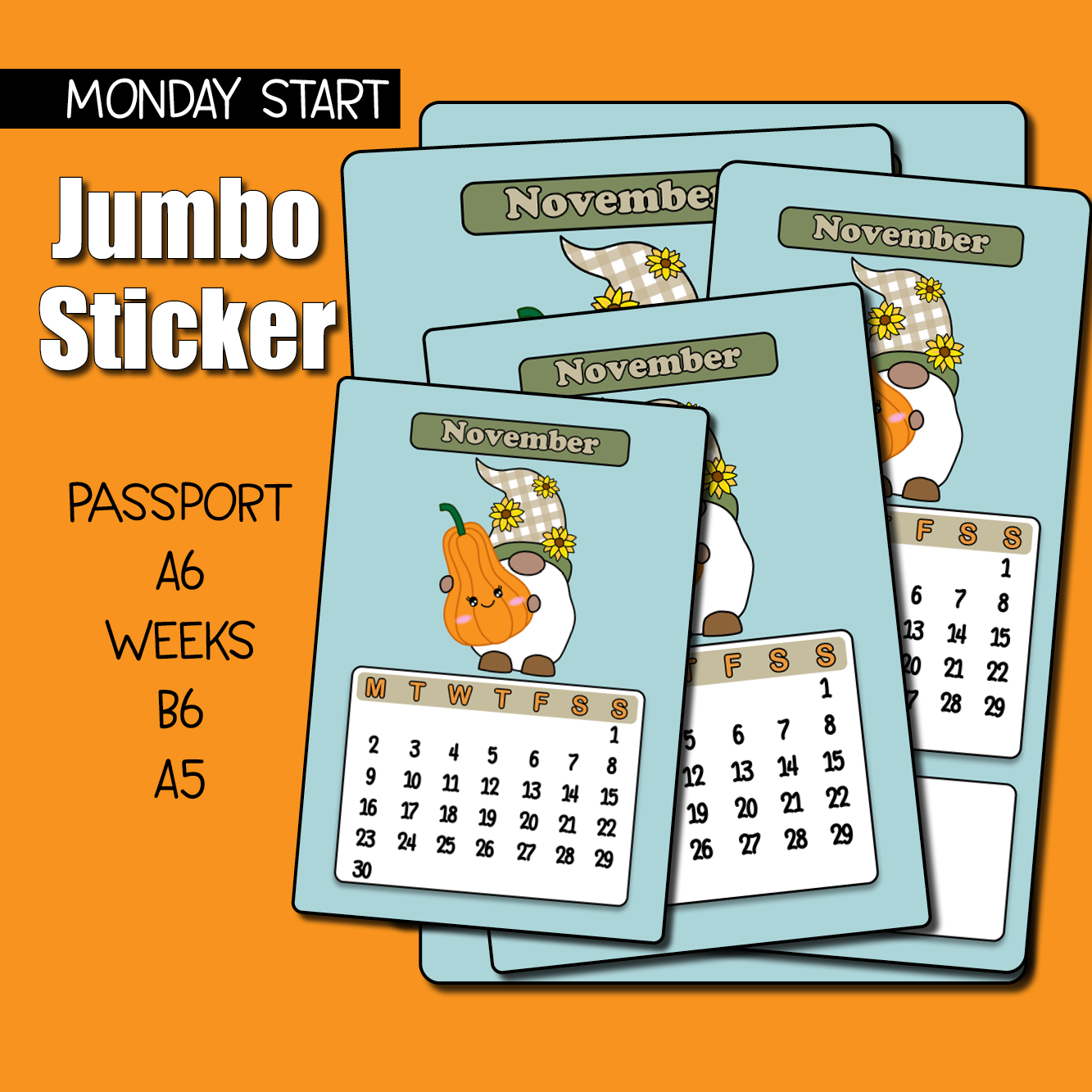 2026 November Calendar Jumbo Sticker - Monday Start – Shine Sticker Studio