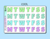 Green, Blue, Light Green, And Purple Large Weekday Letter Stickers Created By Shine Studio