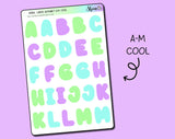 Green, Blue, And Purple Alphabet Bubble Letter Stickers, From A-M | Shine Sticker Studio