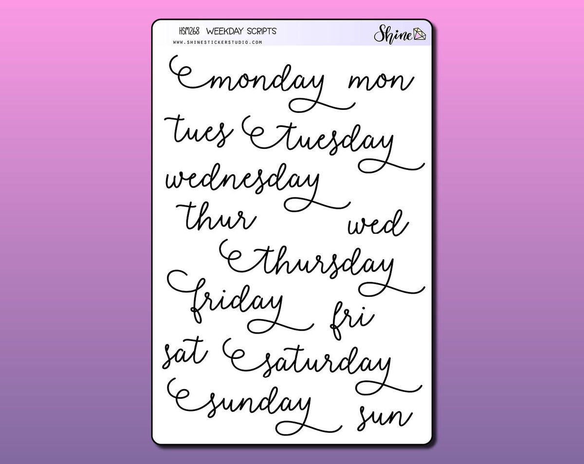 Clear Script Weekday Stickers – Shine Sticker Studio