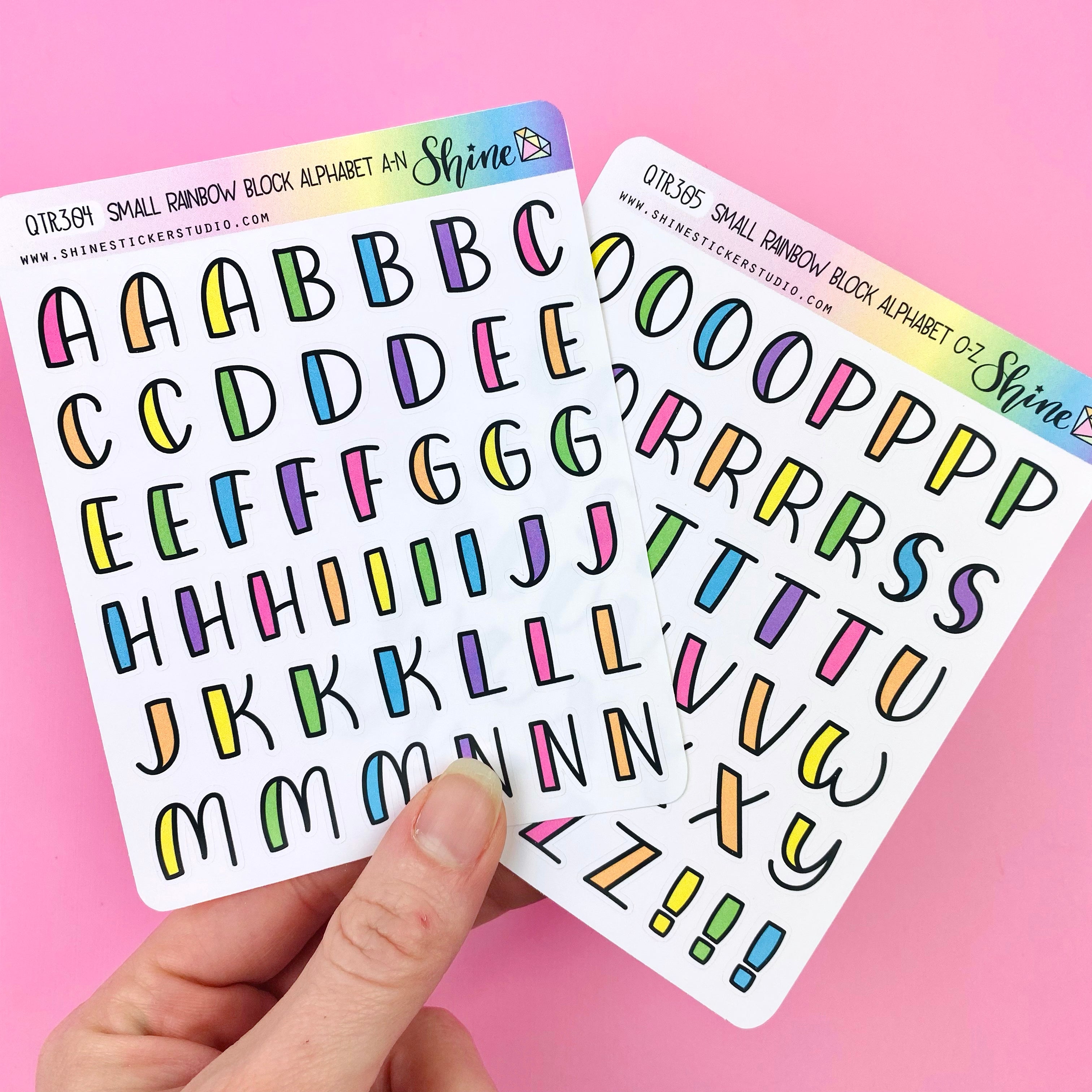 Small Hand-Lettered Alphabet Rainbow Block Letter Stickers – Shine Sticker  Studio