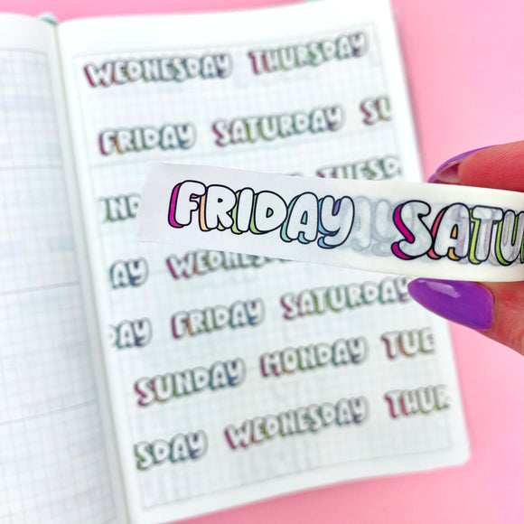 Days of the Week Rainbow 3D Bubble Letter Washi - Date Cover Weekdays Washi Tape